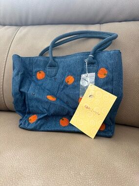 New Vintage Quacker Factory denim blue shoulder bag embroidered pumpkin fall
